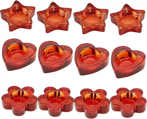 Red Votive Candle Holders Set of 12, (3 Sizes, Heart/Flower/Star) Glass Tealight Candle Holders Bulk for Wedding Table Centerpiece, Birthday Party, Valentines Day, Christmas Decorations, Home Decor(Red)