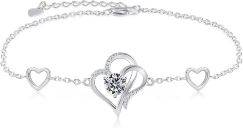 RIVIKO Love Heart Charm Bracelet For Women 925 Sterling Silver With Zirconia Birthstone Bracelets Adjustable Link for Mother Wife Sister Birthday Mother's Day Anniversary Jewelry Gift