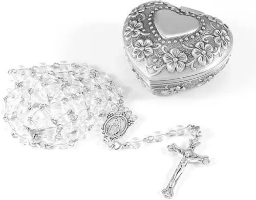 Rosary Beads Catholic for Girls With Rosary Box, White Crystal Heart Shaped Beads Rosary Necklace with Heart Shaped Vintage Jewelry Box, Anglican Prayer Beads Christian Gifts for Women