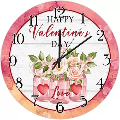 Rose Flowers Bouquet Red Love Wall Clock Valentines Day Watercolor Pink Wall Clock Heart-Shaped Outline Valentine Art Clocks Battery Operated Silent Clocks for Living Room 10inch