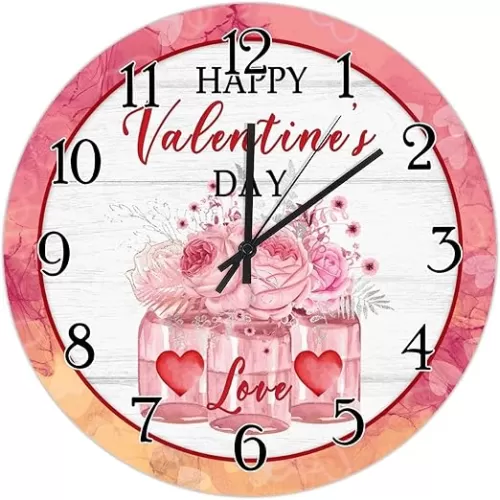 Rose Flowers Bouquet Red Love Wooden Clock Valentines Day Watercolor Pink Clock Heart-Shaped Outline Valentine Wooden Wall Clocks Battery Operated Silent Clocks for Living Room 12inch