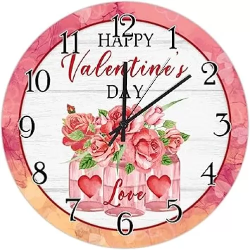 Rose Flowers Bouquet Red Love Wooden Wall Clock Valentines Day Watercolor Pink Wood Clock Heart-Shaped Outline Valentine Art Clocks Battery Operated Silent Clocks for Living Room 15inch