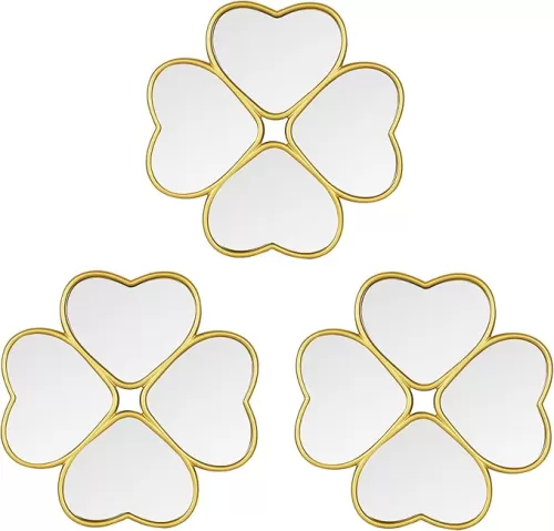 Set of 3 Decorative Wall Mirrors, Four-Leaf Clover Heart Mirrors for Wall (Gold)