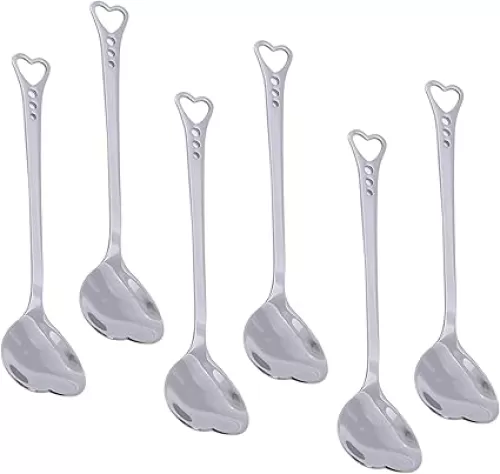 Set of 6 Cute Heart Shaped Tea Spoons - Stainless Steel Small Love Spoon For Espresso Coffee Cup or Clear Glass Mug of Cappuccino Cocktail - Mini Unique Dessert Scoop for Ice Cream & Sugar Bowls