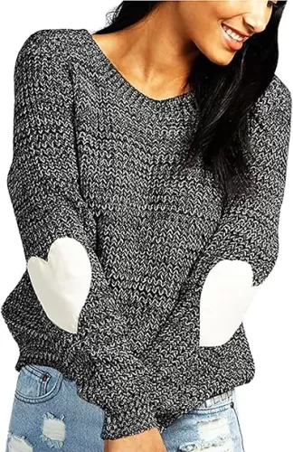 shermie Women's Cute Heart Pattern Elbow Patchwork Knitted Sweaters Long Sleeve Crew Neck Casual Pullover