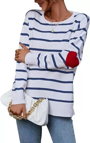 shermie Womens Stripes Sweaters Long Sleeve Crew Neck Casual Cute Heart Knitted Pullover Sweater