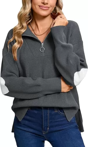 shermie Women's Zip Collar V Neck Pullover Sweaters Loose Casual Cute Heart Knitted Sweater