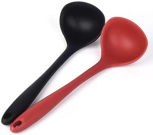 Silicone Ladle Soup Spoon Set of 2, Nonstick Heat Resistant Long Handle Unbreakable Big Round Scoop for Home Kitchen Cooking, Red and Black