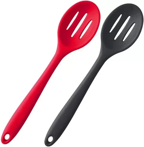 Silicone Nonstick Slotted Spoons Set 2, High Heat Resistant, Hygienic Design Cooking Baking Spoons Set for Cooking Stirring, Mixing and Serving, Red and Black with Color Box