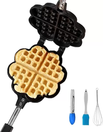 Stovetop Heart Shaped Waffle Pan Set of 1 - Cast Iron Waffle Pan Maker for Pancakes, Puffs, and Non Stick Cookware Waffles - Non-Electric Stovetop Griddle Panwaffle for Gas Stove