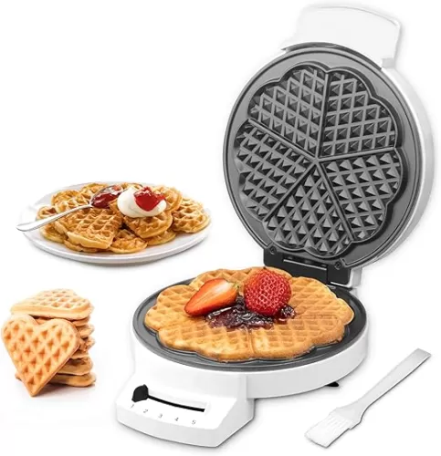 SugarWhisk Mini Heart Shaped Waffle Maker, Thin Waffle Maker Iron with Shade Control, Make 7'' Large Waffle or 5 Mini Heart Waffles, Non Stick Cooking Plates with Fast & Even Heating