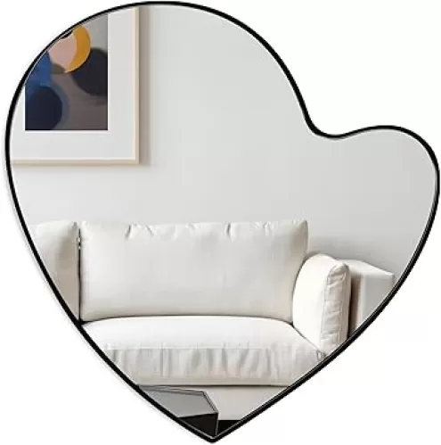 SUMGAR Wall Mirror Decor Black Heart Irregular Asymmetrical Wavy Wood Framed Hanging Decorative for Entryway Bathroom Bedroom Living Room Modern Beauty Aesthetic 15×15 Inch HD Glass