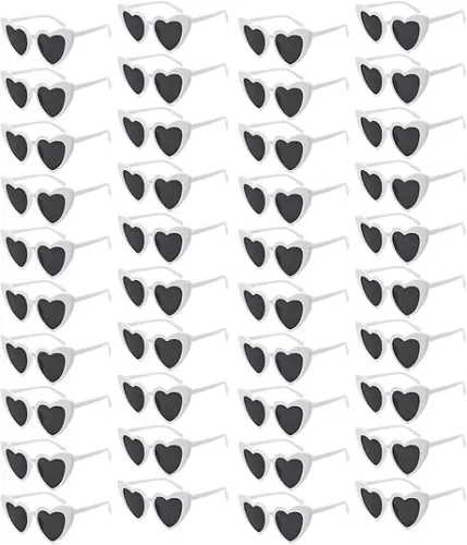 SUNOVELTIES 40 Pack Heart Shaped Sunglasses Bulk 90s Retro Bachelorette Party Glasses Black White Shades Wedding Eyewear