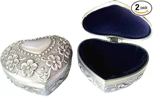 TANG SONG 2 Packs Small Metal Heart Shape Jewelry Box Classic Vintage Antique Ring Box Trinket Storage Organizer Chest (Silver)