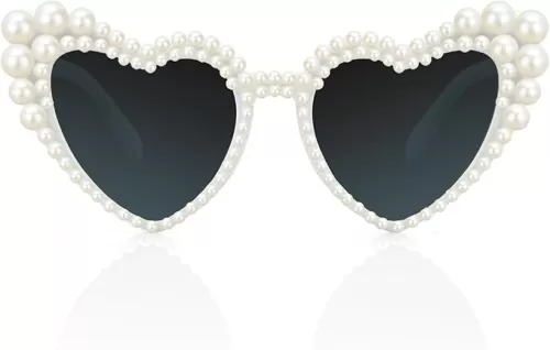 Tanganan Heart Sunglasses Love Heart Pearl Sunglasses for Women White Rhinestone Glasses Bachelorette Party Bride Sunglasses
