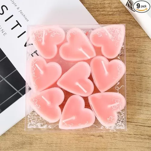 Tea Candles Heart Romantic Candle Small Sweet Wedding Party and Home 1.5-2 Hours Extended Burn Time Votive Parties Tealight Wishing Bulk Birthday Halloween Emergency Family 9 Pack (Pink)