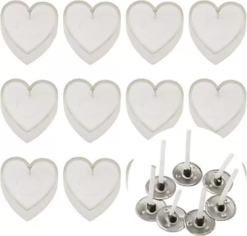 Tegg Tealight Cup 24PCS Heart Shaped Clear Plastic Maxi Tea Light Holders Wax Jars Cases with 24 Pcs Candle Wicks for DIY Candle Making