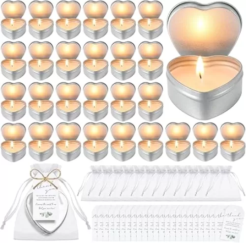 Treela 30 Sets Wedding Candle Favors for Guests Heart Shaped Unscented Tea Lights Set Include Small Smokeless Candles Bulk Thank You Tags and 4 x 4.7 Inch White Organza Gift Bags for Bridal Shower