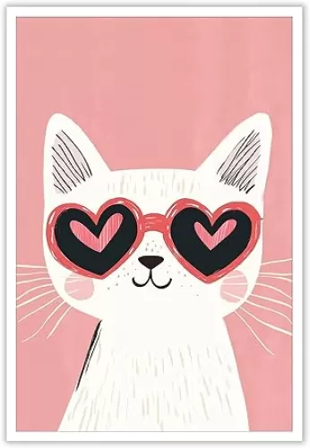 Trendy Cute Cat Canvas Wall Art Creative Funky cat Wearing Heart-Shaped Sunglasses Poster Preppy Pink Wall Art Funny White Cat Prints Painting For Girl Bedroom Living Room Bathroom 8x10in Unframed