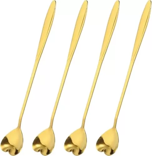 uxcell 4Pcs Stainless Steel Flower Spoon 7 Inch Long Handle Heart Teaspoon Ice Cream Spoon Coffee Spoons for Cocktail Stirring Mixing, Gold