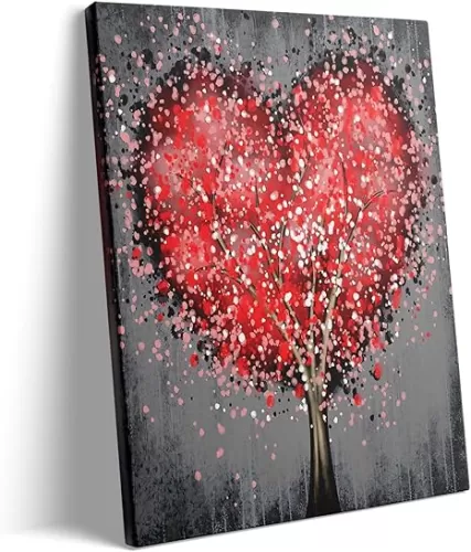 Valentine's Day Canvas Wall Art Decor - Romantic Heart-Shaped Red Tree Abstract Painting, Love-Inspired Artwork for Home or Bedroom, Romantic Gift for Valentine's Day or Anniversary 8X10 inch