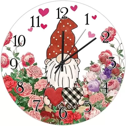 Valentine's Day Gnome Floral Love Art Clock Pink and Red Rose Flower Heart Gnome Clock Heart-Shaped Outline Valentine Wooden Clocks Battery Operated Silent Clocks for Living Room 10inch