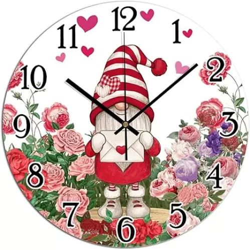 Valentine's Day Gnome Floral Love Wall Clock Heart-Shaped Outline Valentine PVC Clocks Pink and Red Rose Flower Heart Gnome Wall Clocks Silent Non-Ticking Clock for Bedroom 12x12in