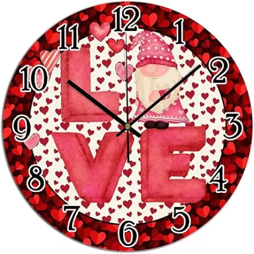 Valentine's Day Love Gnome Decorative Wall Clock Heart-Shaped Outline Valentine PVC Clocks Red Pink Dot Stripes Heart Wreath Art Clocks Silent Non-Ticking Clock for Bedroom 12x12in