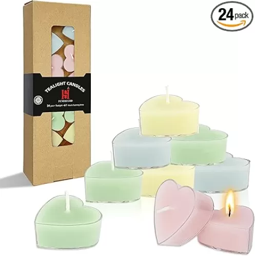 Vanilla Scented Heart Tealight Candles, Pastel Candy Color Scent Tea Lights Candles Clear Cup, 24 Pack Colored Tealights Candle, 4 Hour Burn Time Tea Candles for Weddings Romantic Decor