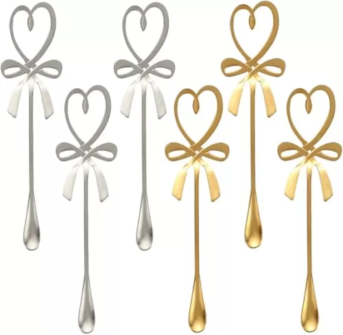 Vctitil 6Pcs/set Gold&Silver Coffee Stirring Spoons Hanging Cup Spoon, Love Heart Bow Mixing Spoons Dessert Scoop for Mixing or Stirring(multicolor)
