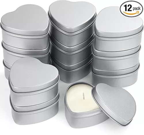 Vesici 12 Pack 2 oz Heart Shaped Candle Tins Metal Tins with Clear Window Lids Empty Jars for Making Candles Heart Containers for Gifts Home Supplies(Silver)