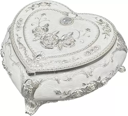 Vintage Ornaments Jewelry Trinket Boxes With Mirror Ring Earrings Necklace box of hearts Carved Flower Metal Organizer Valentine Gifts for Girl, Women (Silver)