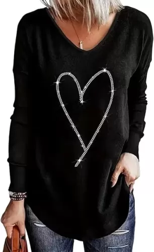 VKEGNIO Rhinestone Heart V Neck Shirts Womens Funny Heart Printed Pattern Pullover Casual Loose Long Sleeve Tunic Shirt Tops