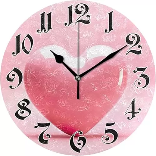 Wall Clock - Silent Non-Ticking, Battery Operated, 10 Inch Pink Heart Clock Decorative for Home, Bedroom, Living Room - Modern Decor Wall Clock