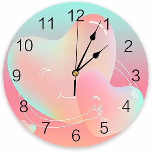 Wall Clock 10 Inch Silent Non-Ticking, Ombre Pink Heart Shape Smile Sweet Round Decorative Clock for Living Room Bedroom Kitchen School Easy to Read Battery Operated Mute Clock