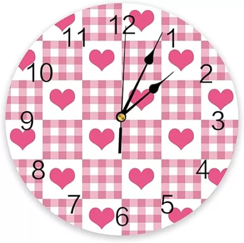Wall Clock Heart Shape Buffalo Plaid Pink Wall Clocks Silent Non-Ticking Clocks Battery Operated, Heart Sahpe Clock Decorative for Kitchen Bathroom Bedroom (10 Inch)