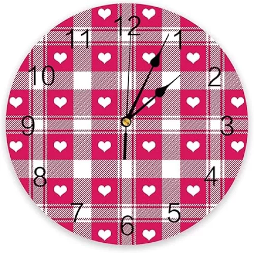 Wall Clock Hot Pink Heart Shape Buffalo Plaid Wall Clocks Silent Non-Ticking Clocks Battery Operated, Heart Sahpe Clock Decorative for Kitchen Bathroom Bedroom (10 Inch)