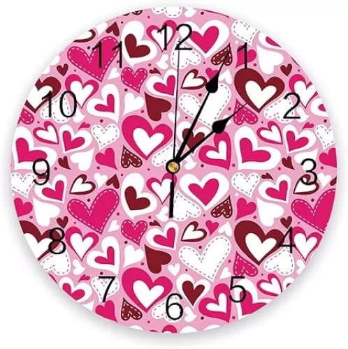 Wall Clock Pink Heart Shape Battery Operated Clocks PVC Silent Non-Ticking Wallclock 12 Inch Sweet Love Round Wall Clocks for Living Room Bedroom Kitchen Office Bathroom Home Decor