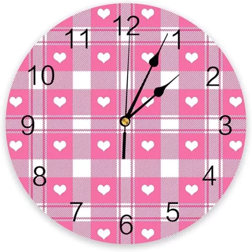 Wall Clock Pink Heart Shape Striped Buffalo Plaid Wall Clocks Silent Non-Ticking Clocks Battery Operated, Heart Sahpe Clock Decorative for Kitchen Bathroom Bedroom (10 Inch)