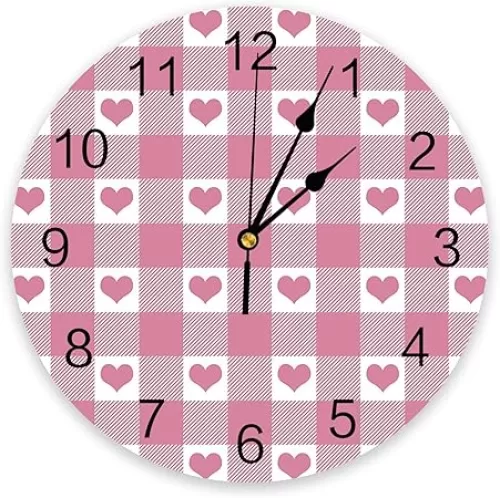 Wall Clock Pink Love Heart Shape Buffalo Plaid Wall Clocks Silent Non-Ticking Clocks Battery Operated, Heart Sahpe Clock Decorative for Kitchen Bathroom Bedroom (10 Inch)