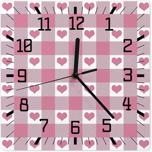 Wall Clock Square Silent Non Ticking Clock Pink Love Heart Shape Buffalo Plaid Wall Clock Battery Operated 10 inch Kitchen Clock Wall Wooden Clock for Living Room Bedroom
