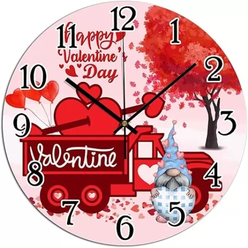 Wall Clock Valentine Truck Red Love Tree Art Clocks Pink Hearts Valentine Gnome PVC Art Clocks Heart-Shaped Outline Valentine Art Clock Silent Non-Ticking Battery Clocks Birthday Gift