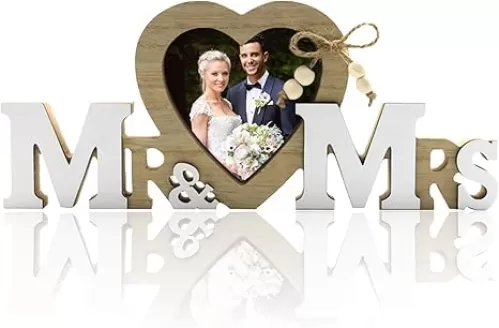 Wedding Picture Frame Heart Shaped Mr & Mrs Picture Frame Newlywed Photo Gift for Wedding Newlywed Anniversary Valentines Bride to Be Bridal Shower Gifts Wedding Picture Frame For Bride Engagement Gifts