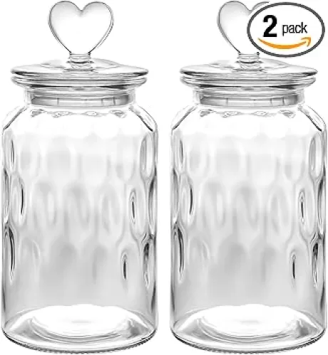 WHJY Decorative Heart-Shaped Textured Glass Jars, Set of 2, 45oz Each, Airtight with Heart-Shaped Lids, Perfect for Candy, Snacks, and Gifting