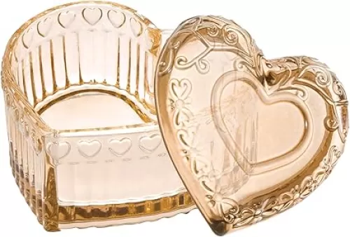 WHJY Glass Jewelry Box for Girls Heart Shaped Container with Lids Small Decorative Trinket Organizer for Vanity Room Decor Crystal Yellow Storage Jar for Rings Earrings Necklaces