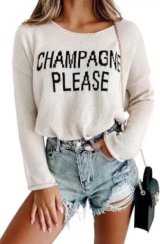 Womens Fashion 2025 Champagne Please Graphic Long Sleeve Pullover Sweater Loose Crewneck Knitted Sweatshirt Tops