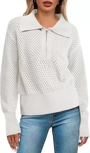 Women's Half Zip Pullover Sweaters Crochet Lapel Collar Long Sleeve Knit Solid Color Jumper Tops