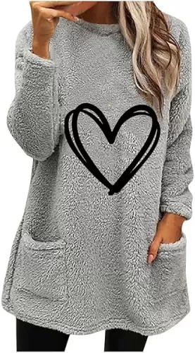 Womens Sherpa Fleece Sweatshirt Cute Heart Graphic Pullover Tops Long Sleeve Casual Winter Warm Fuzzy Sweatshirt