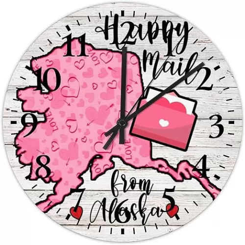 Wood Wall Clocks Valentine's Day US States Happy Mail from Alaska Wooden Hanging Clock Silent Non-Ticking Battery Operated State Shape Silhouette United States Pink Love Heart Round Clock 10 Inch