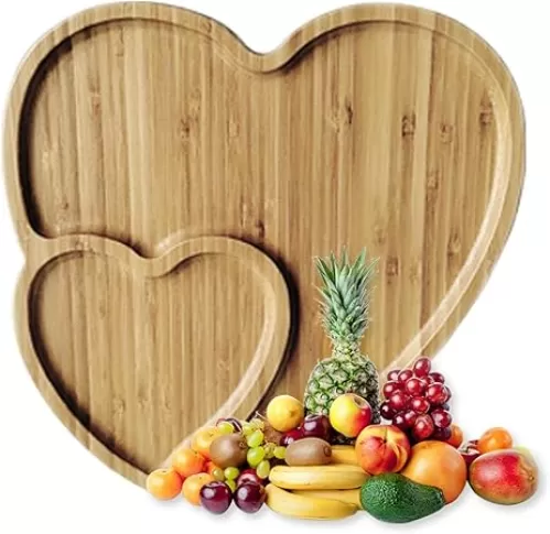Wooden Cheese Board Platter, Double Heart Shaped Dinner Plate Decorative Serving Tray Appetizer Plate for Snack Food Fruit Valentines Day Decor